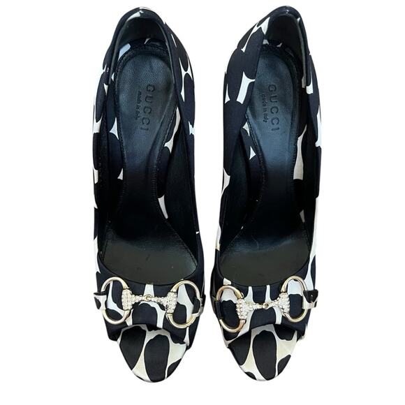 Gucci Women’s Black White Dot Cow Print Silver Bit Open Toe Pump Heels Size 7.5 - Picture 3 of 13